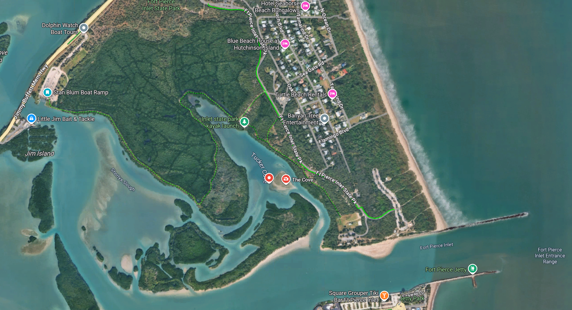 Map of The Cove sandbar near Fort Pierce Inlet, showing the Stan Blum Boat Ramp and the state park kayak launch